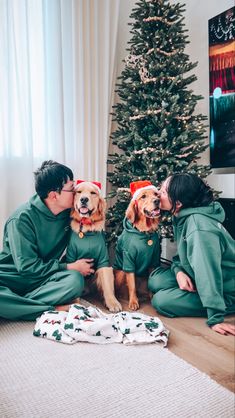 three people sitting on the floor with two dogs wearing matching green pajamas and santa hats