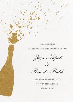 a white and gold wedding card with a champagne bottle