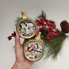 a person holding two christmas ornaments in their hand next to some berries and pine cones