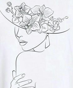 a black and white drawing of a woman with flowers in her hair wearing a hat