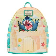 Look out-of-this-world beachy keen with our Disney Stitch and Sandcastle Beach Surprise mini backpack. On the front, Stitch looks ready to tear into a perfectly sculpted sandcastle, and he moves up and down on a slider! The castle door in the front opens to reveal Scrump. Beach and ocean details continue on the side pockets, and on the back, Stitch makes a colorful encore appearance. He’s wearing sunglasses and sipping on a tropical drink. The sun sets on the horizon as a sailboat passes by. In Lilo En Stitch, Stitch Backpack, Lilo Y Stitch, Mini Mochila, Lilo Et Stitch, Loungefly Bag, Plush Backpack, Disney Bag, Loungefly Disney