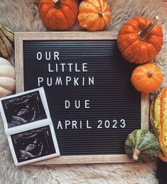 a sign that says our little pumpkin due april