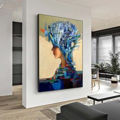 Original Blue Wall Art Abstract Lady Painting Woman Face Artwork Large Leaf Faceless Portrait Painting Faceless Portrait Painting, People Paintings, Abstract People, Face Artwork, Faceless Portrait, Color Abstract, Female Profile, Linen Canvas, Blue Wall Art