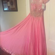 Pink Evening Gown, Never Worn. Princess Style Floor-length Gown With Sweep Train, Spring Floor-length Ball Gown For Prom, Spring Prom Ball Gown Floor-length, Spring Ball Gown For Prom, Spring Prom Ball Gown, Princess Style Ball Gown Evening Dress, Princess Ball Gown Evening Dress, Princess Prom Dress With Sweep Train, Fitted Princess Evening Dress With Sweep Train