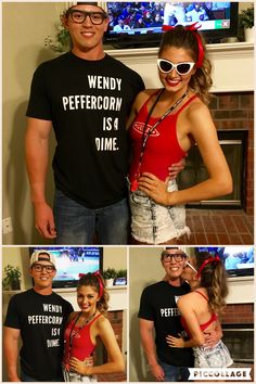 a man and woman posing for pictures in front of a television screen with their arms around each other