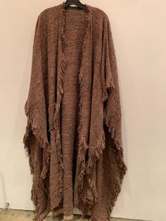 Brown Fringe One Size Poncho, One Size Brown Fringe Poncho, Brown One Size Poncho With Fringe, Brown Bohemian Shawl For Fall, One Size Bohemian Beige Wrap, Bohemian One Size Beige Wrap, One Size Beige Bohemian Wrap, One-size Beige Bohemian Wrap, Bohemian Brown Winter Shawl