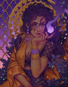 a painting of a woman with her hand on her chin, sitting in front of a purple background