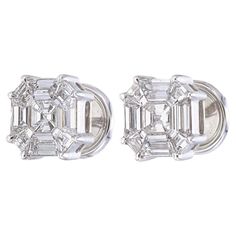 This pair of earrings is made with 3.60 carat diamonds in composite setting giving a look of 15+ carat pair. Each diamond is cut & polished to customize & form a ASSCHER cut diamond shape after setting. The backs are diamond studded adding beauty to this earrings. Invisible Mystery set without any gaps to naked eye make it a perfect pair of earrings. VVS clarity ,EF color diamonds are used. Extremely light on ears This beautifully handcrafted earrings in composite setting maintains the beauty of Platinum Diamond Earrings With Baguette Diamonds For Formal Events, Platinum Diamond Earrings With Baguette Diamonds For Formal Occasions, Platinum Diamond Earrings With Baguette Cut For Formal Occasions, Formal Diamond White Earrings With Baguette Diamonds, White Gold Baguette Diamond Earrings For Formal Occasions, Diamond White Baguette Cut Diamond Earrings For Formal Occasions, Diamond White Baguette Cut Diamond Earrings For Formal, Formal Diamond White Diamond Earrings With Baguette Cut, Formal Platinum Diamond Earrings Baguette Cut