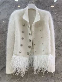 Dress Feathers, White Jackets, Feather Coat, Elegant Jacket, Coat For Women, Woman Standing, White Jacket, Female Fashion, Long Sleeve Casual