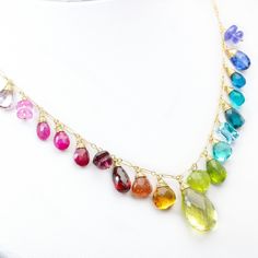 Rainbow Necklace Semi Precious Gemstone Necklace Rainbow Gemstone Necklace Multi Gemstone Drop Necklace Statement Colorful Necklace Gold 14K (24005 - 5) Rainbow Color Palette, Multi Gemstone Necklace, Colorful Necklace, Gemstone Necklaces, Necklace Design, Pink Topaz, Summer Necklace, Amethyst Beads, Rainbow Color