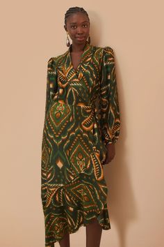 Green Pineapple Ikat Long Sleeve Midi Dress – FARM Rio Tropical Escape, Ikat Pattern, Sleeve Midi Dress, Farm Rio, Long Sleeve Midi, Long Sleeve Midi Dress, Cinched Waist, Deep Green, Pineapple