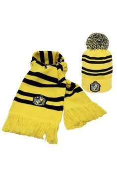 a yellow and black striped scarf, hat and scarf