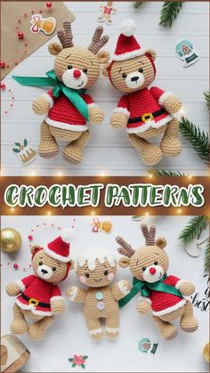 two crocheted teddy bears wearing christmas outfits