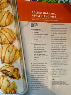 the recipe for baked apple hand pies is shown in an open book with instructions on how to bake them