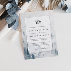 an elegant wedding suite is displayed on a table with feathers and paper fans in the background