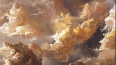 an abstract painting of some clouds in the sky with yellow and brown colors on them