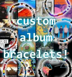 the words custom album bracelets are in front of an image of people and their artwork