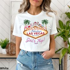 This is the perfect shirt for a Girl's Trip to Vegas! Grab your girls and take that trip!  This tshirt is the very soft, stretchy, and comfortable Bella +Canvas 3001 Can be customized, Please send us a message with questions! This classic unisex jersey short sleeve tee fits like a well-loved favorite. Soft cotton and quality print make users fall in love with it over and over again. These t-shirts have-ribbed knit collars to bolster shaping. The shoulders are tapered for a better fit over time. Dual side seams hold the garment's shape for longer.  .: Made with 100% Airlume combed and ring-spun cotton, a lightweight fabric (4.2 oz/yd² (142 g/m that is easy to layer, breathable. Perfect for active and leisure wear.  .: The retail fit that is perfect for casual and semi-formal settings. The c Trip Vibe, Vegas Bachelorette Shirts, Las Vegas Girls, Vegas Girls Trip, Trip To Vegas, Vegas Birthday, Vegas Bachelorette, Girls Trip Shirts, Travel Tees