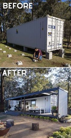 before and after pictures of a shipping container