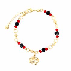 A Elephant Charm Bracelet with Black and Red Beads. Gold Crystal Bracelet With Black Beads As Gift, Elephant Charm Bracelet, Lucky Charm Bracelet, Red Rope, Baby Bracelet, Elephant Charm, Blue Evil Eye, Delicate Jewelry, Evil Eye Bracelet