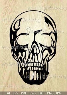 a wooden cutting board with a black and white image of a skull on it's face