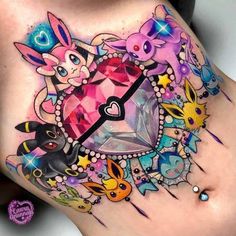 a woman's stomach with pokemon tattoos on it and an image of a clock