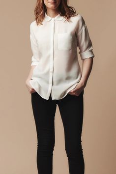 A modern take on a classic tailored button-up shirt, Mélilot is all about the details. It features a semi-fitted, body-skimming cut shaped with bust darts and a slightly cinched waist. A dropped shoulder, curved split hem, and subtly rounded pockets and collar add interest. Looks just as beautiful tucked in or out. - Version A features a long sleeve with tower placket, cuffs, and two piece collar. - Version B features a short, cuffed sleeve and band collar. Fitted Collared Shirt With Cuffed Sleeves, Fitted Blouse With Fold-down Collar For Daywear, Collared Shirt Sewing Pattern, Modern Tops With Button Closure And Fold-down Collar, Classic Blouse With Button Closure And Fold-down Collar, Deer Doe, Blouse Pattern Sewing, Band Collar, Cinched Waist