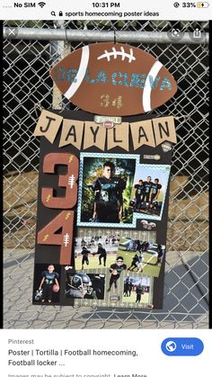 a football themed sign on the side of a fence with photos of people and sports equipment