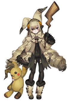 an anime character is standing next to a stuffed animal