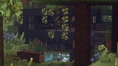 an image of a house in the woods with trees and flowers on it's walls