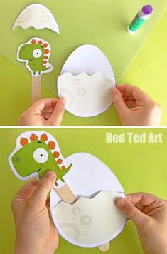 someone is making a paper cut out of an egg with a dinosaur head on it