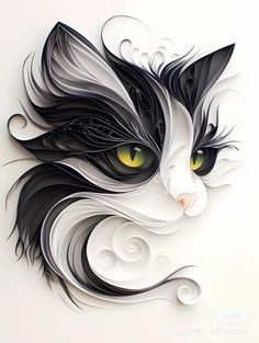 a white and black cat's face with yellow eyes on a white background, made out of paper