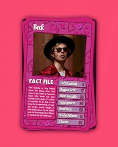 a pink card with an image of a man in a hat