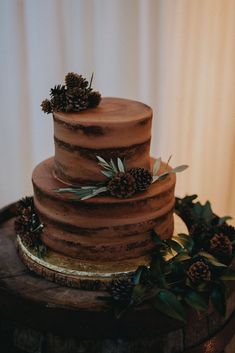 a three tiered cake with pine cones and greenery sits on a wooden table