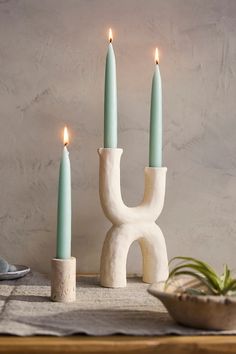 three candles sitting on top of a table next to a bowl and potted plant