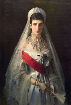 an old painting of a woman in white dress and tiara holding a red ribbon