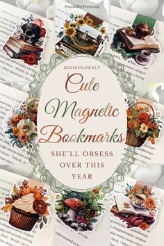 the book cover for our magnetic bookmarks is surrounded by images of books and flowers