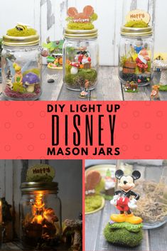 diy light up disney mason jars with mickey mouse figurines and other items