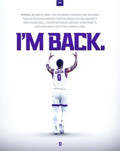 the poster for i'm back shows a basketball player with his arms in the air