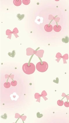 a pink wallpaper with cherries and hearts on the side, in pastel colors