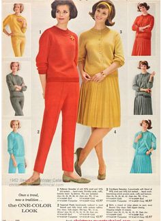 1960s Fashion / Fall Outfit / Winter Outfit Inspiration as seen in a 1962 Sears Fall / Winter Catalog. The page features cardigans, sweaters, skirts and pants in matching colours. ==> Vintage Fall Fashion: The Versatile Cardigan. See the vintage fashions from the 1920s-1960s at the Vintage Inn Blog. Vintage Fall Fashion, 1960 Fashion, Old School Fashion, Matching Sweaters, Sixties Fashion, Winter Outfit Inspiration, Classic Cardigan, Outfit Inspiration Fall