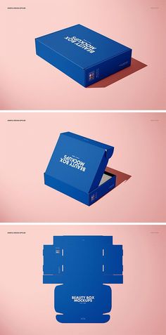 three different views of a blue box with the lid open and bottom closed, on pink background