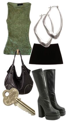 a woman's outfit and accessories including boots, purses, necklaces and bracelets