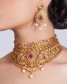 Ila Antique Choker Set | Indian Choker Online - Tarinika Paw Necklace, Bridal Necklace Designs, Choker Necklace Designs, Necklace Set Indian, Gold Necklace Indian Bridal Jewelry, Bridal Fashion Jewelry, Gold Fashion Necklace, Choker Set, Bridal Gold Jewellery Designs