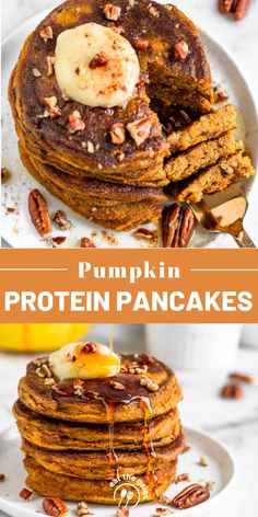 pumpkin protein pancakes are stacked on top of each other with maple syrup and pecans