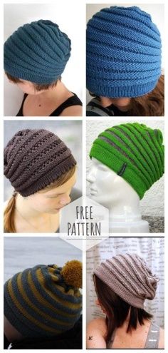 four different knitted hats with buttons on each side and the words free pattern below