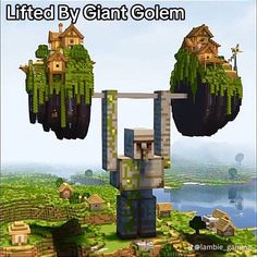 an image of a minecraft village with trees and houses in the background text reads, little by giant golem