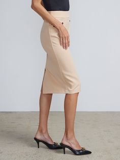 Beige High-waisted Pencil Skirt For Work, Fitted Beige Midi Pencil Skirt, Luxury Beige Pencil Skirt, Beige Stretch Knee-length Pencil Skirt, Beige Midi-length Lined Pencil Skirt, Pencil Skirt