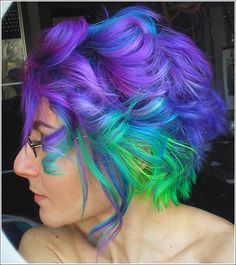 What I’ve used:  Directions  —  Atlantic Blue   Crazy Color  —  Cyclamen   Directions  —  Fluorescent Glow   Crazy Color  —  Hot Purpl... Green And Blue Hair, Goth Hairstyles, Purple Neon, Coloured Hair, Boring Hair