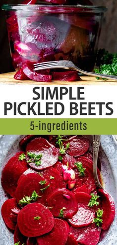 beets in a bowl with text overlay that reads simple pickled beets 5 ingredients